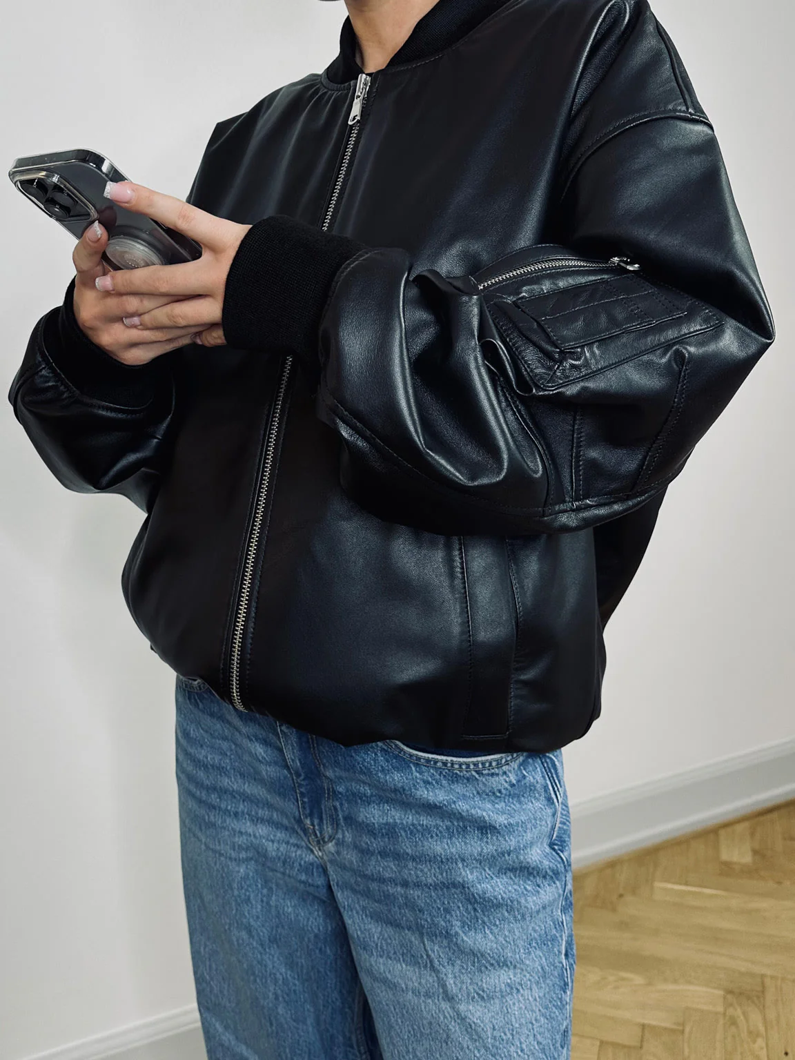 BIANCA LEATHER BOMBER - BLACK - Image 3